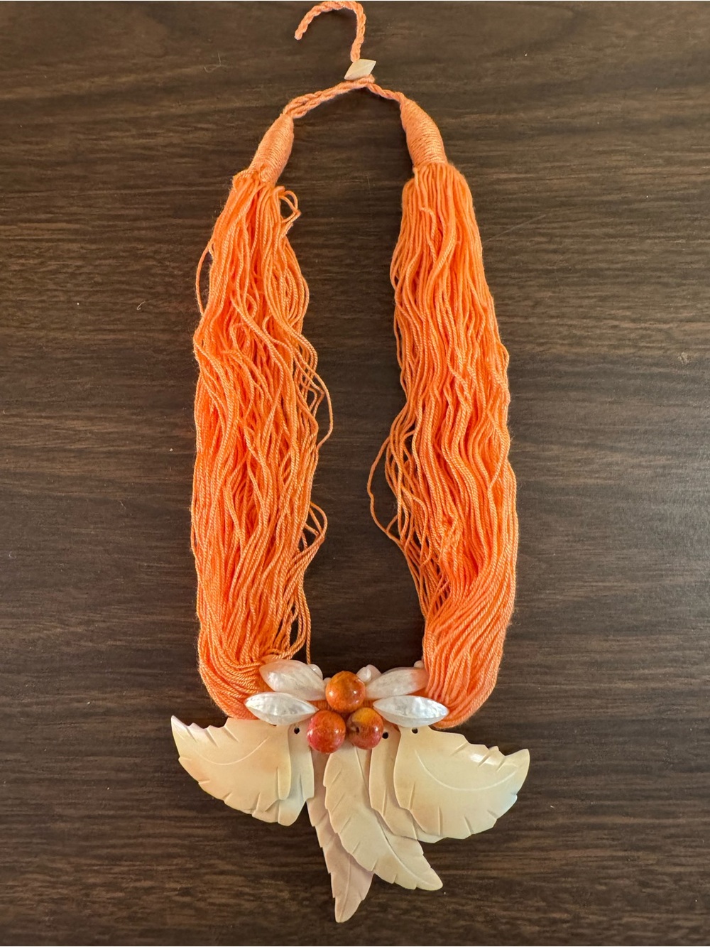 Vintage 1980s Era Orange Multi Strand Necklace Carved Shell Leaf Statement Boho